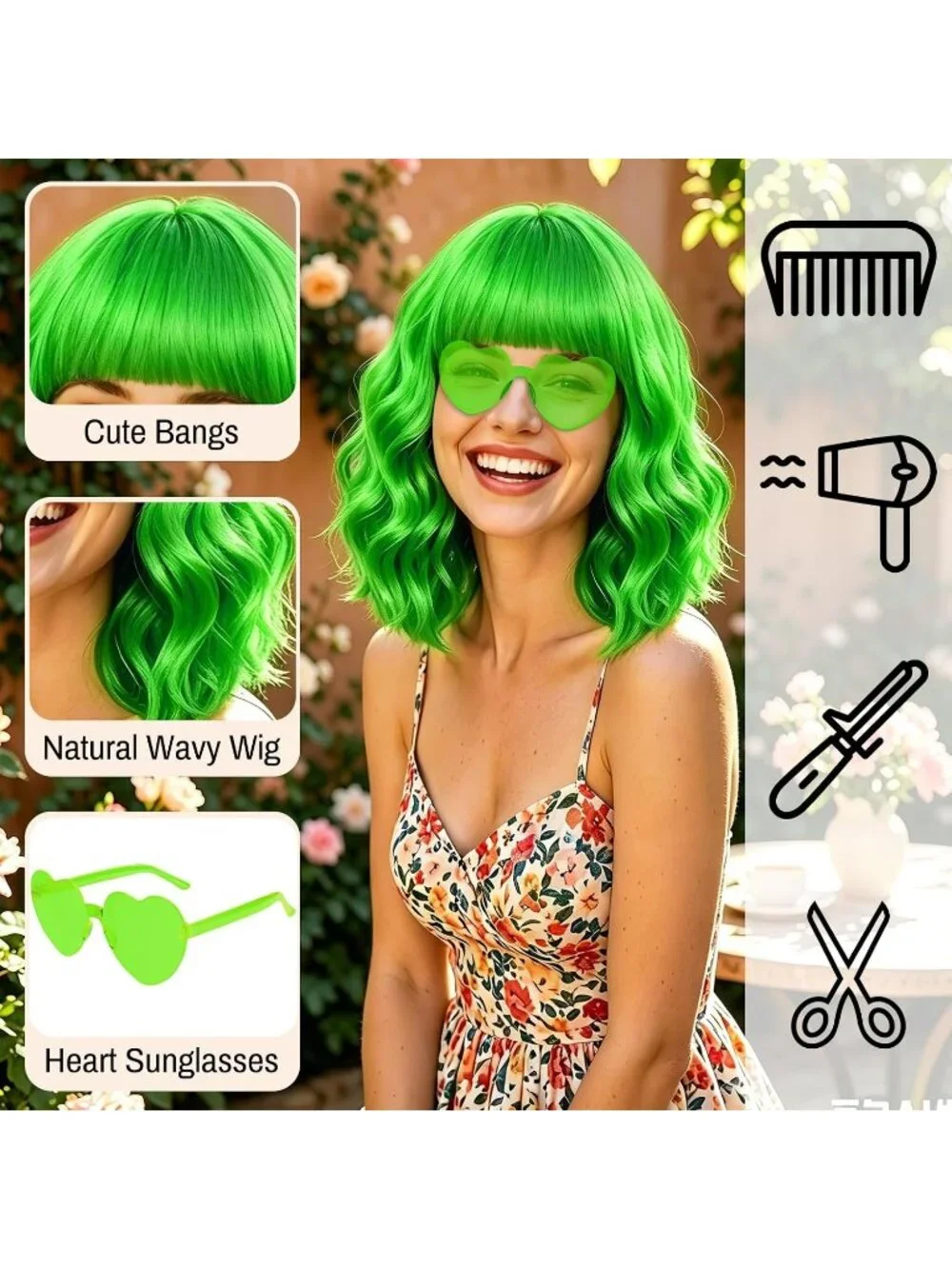 Women's Grass Green Curly Bob Synthetic Wigs Bangs With Neon Heart Sunglasses